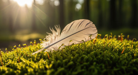 Feather on green moss in the forest at sunset. Nature backgroundの素材
