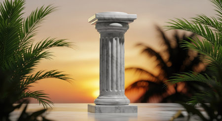 3d illustration of a column in front of palm trees at sunsetの素材