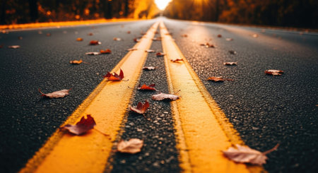 Asphalt road with yellow line and autumn leaves on it, close upの素材