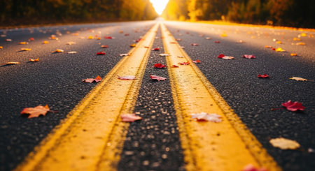 Autumn road with yellow and red maple leaves on asphalt. Autumn backgroundの素材