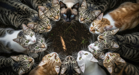 A group of cats in a circle looking at the camera, top viewの素材