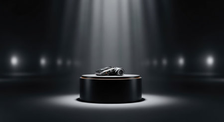3d rendering of a black podium with a car on it.の素材