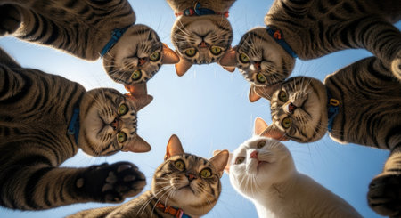 Group of cats in a circle on the background of the blue skyの素材