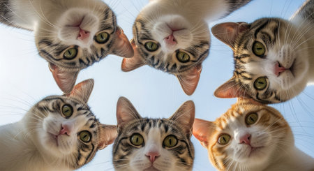 Close up of a group of cats looking up at the sky.の素材