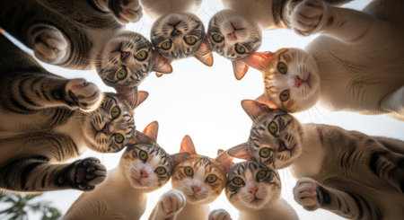 group of cats in a circle on a white background, top viewの素材