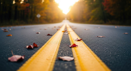 Autumn road with yellow line and red maple leaves on asphalt surfaceの素材