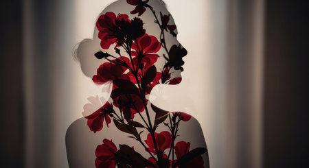 Silhouette of a female mannequin with red flowers in her hair.の素材