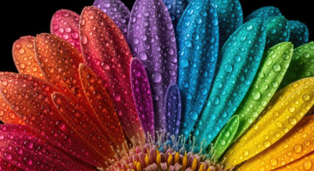 Colorful gerbera flowers with drops of water on black backgroundの素材