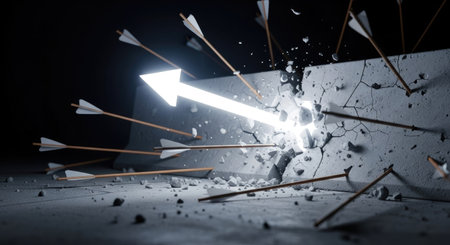 Arrow breaking through concrete wall. 3D rendering. Wall destruction concept.の素材