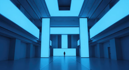 3D render of a man standing in an empty corridor with blue lightの素材