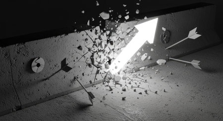 Highly rendering of arrow breaking through concrete wall. Computer generated image.の素材
