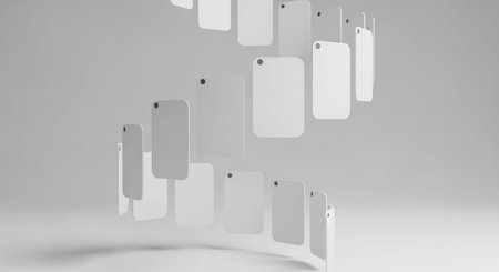 3D rendering of white mobile phone mockups in white studio backgroundの素材