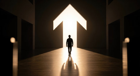 Silhouette of businessman standing in front of an open door.の素材