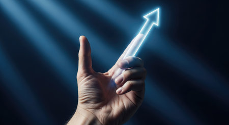 Male hand touching glowing arrow on a touch screen interface. 3d renderingの素材