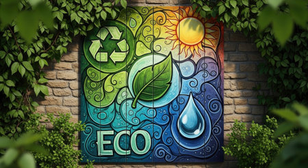 Ecology sign on brick wall with green leaves. 3D renderingの素材