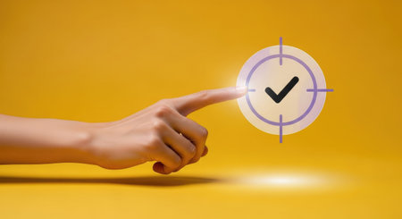 Close up of human hand pointing at check mark icon on yellow backgroundの素材