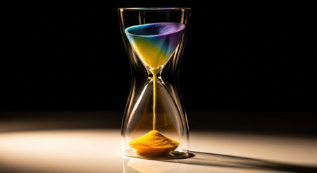 Colorful hourglass isolated on black background. Close-up.の素材