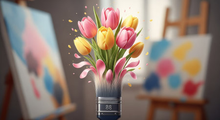 Paintbrush with tulip flower bouquet on easel backgroundの素材