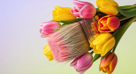 Bouquet of tulips and a brush on a light backgroundの素材