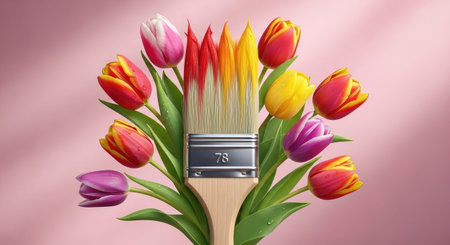 Brush with colorful tulips on pink background. 3d illustrationの素材