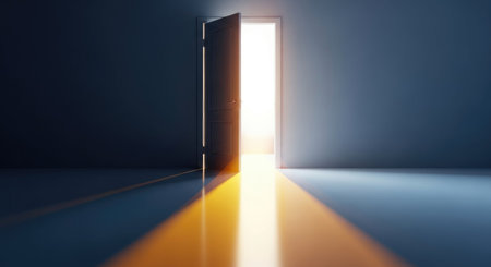 Open door in a dark room with light coming through it. 3D renderingの素材