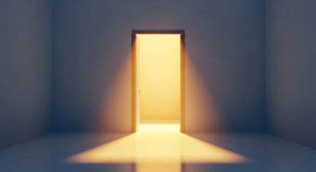Open door in the dark room with yellow light from the window. 3D renderingの素材