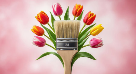 Paintbrush with tulips on pink background. 3D renderingの素材