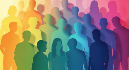 Silhouettes of a group of people on a multicolored backgroundの素材
