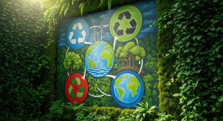 Ecology concept. Green environment and recycle sign on the wall.の素材