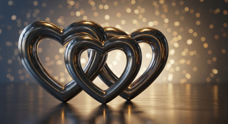 Two silver hearts on the bokeh background. 3d illustrationの素材