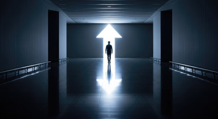 Silhouette of a man in front of an arrow in a corridorの素材
