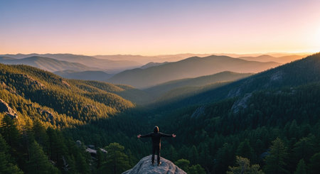 Man standing on top of a mountain and looking at the valley.の素材