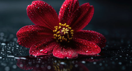 Beautiful red flower on a black background with water drops close upの素材