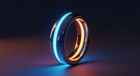 Neon ring with blue light on dark background. 3d renderingの素材