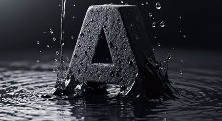 alphabet letter A made of concrete and water drops on black backgroundの素材