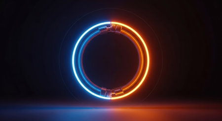 Neon circle frame. Glowing neon circle frame on dark background. 3d renderingの素材