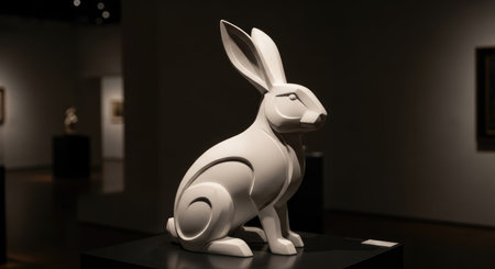3d rendering of a rabbit sculpture in an exhibition hall with a blurred backgroundの素材