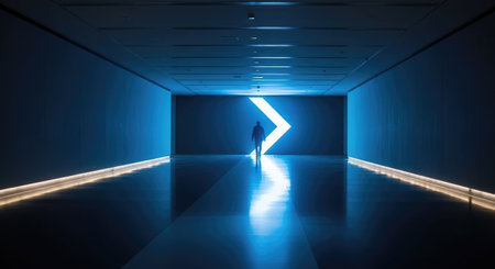 Silhouette of a man in a dark corridor with neon lightsの素材