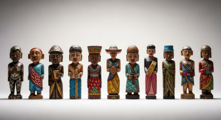 Tribal wooden statuettes in a row on white backgroundの素材