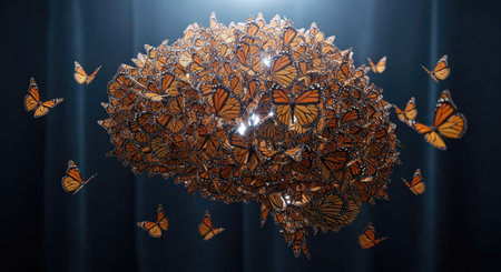 3D rendering of a beautiful butterfly inside a sphere made of butterfliesの素材