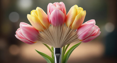 Bouquet of tulips on a wooden table, close upの素材