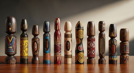 Tribal wooden figures in a row on a wooden table.の素材