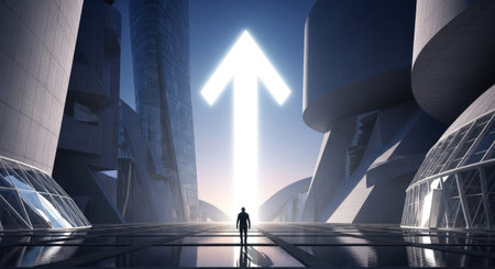 Businessman standing in front of a modern building with arrow pointing upの素材