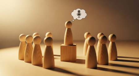 Stand out from the crowd concept. Crowd of wooden figures with microphone speech bubble.の素材