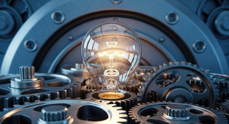 Light bulb and gear mechanism, concept of idea. 3d renderingの素材