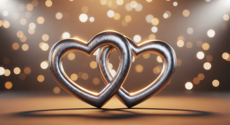 Two silver hearts on a bokeh background. 3d renderingの素材