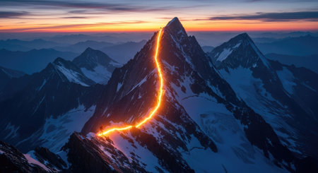 Trail of light in the mountains at sunrise. 3D renderingの素材