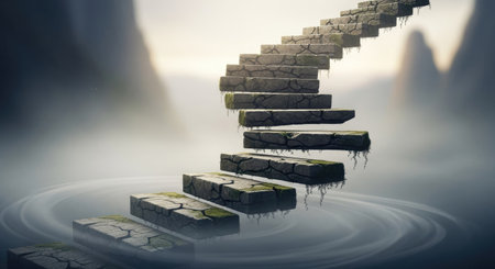 Staircase in the misty landscape. 3D illustration.の素材