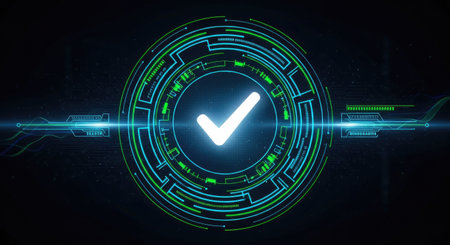 Glowing check mark icon on dark background. 3D Renderingの素材