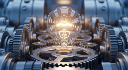 Glowing lightbulb with gearwheels on blurred background 3D renderingの素材